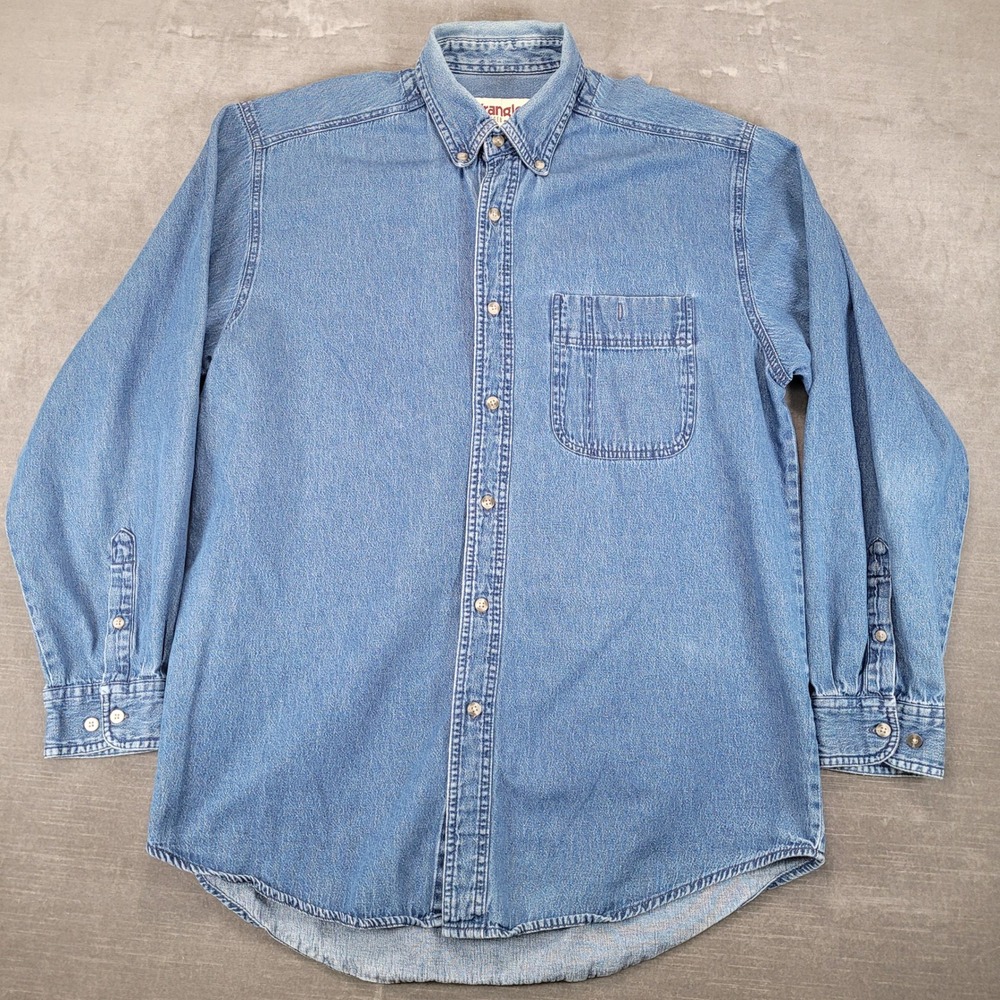 Mens Wrangler Vintage‎ Rugged Wear Denim Shirt L Button Front Long Sleeve